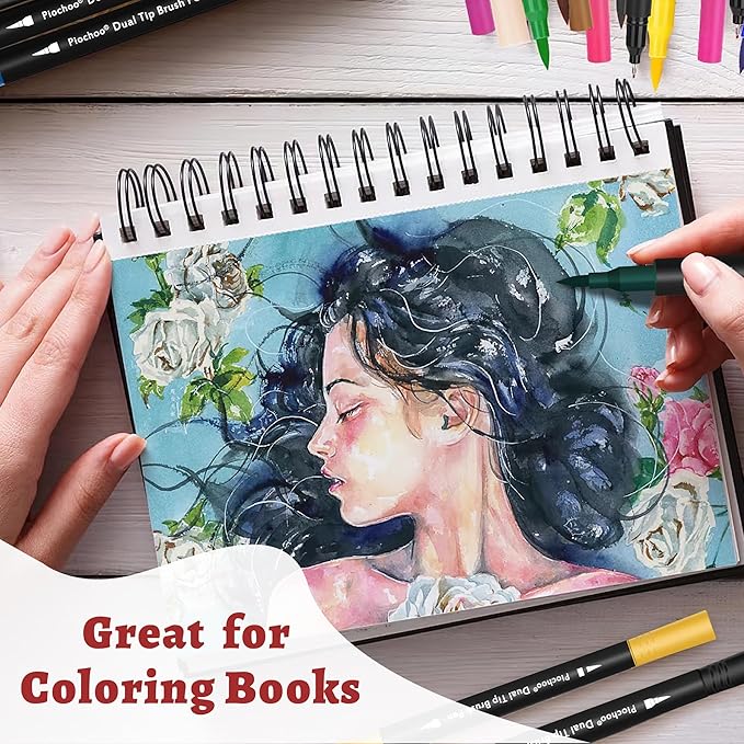 Coloring Markers Pens, 34 Dual Tip Brush Pens, Fine Point Marker set for Adult Coloring Book, Bullet Journaling, Drawing