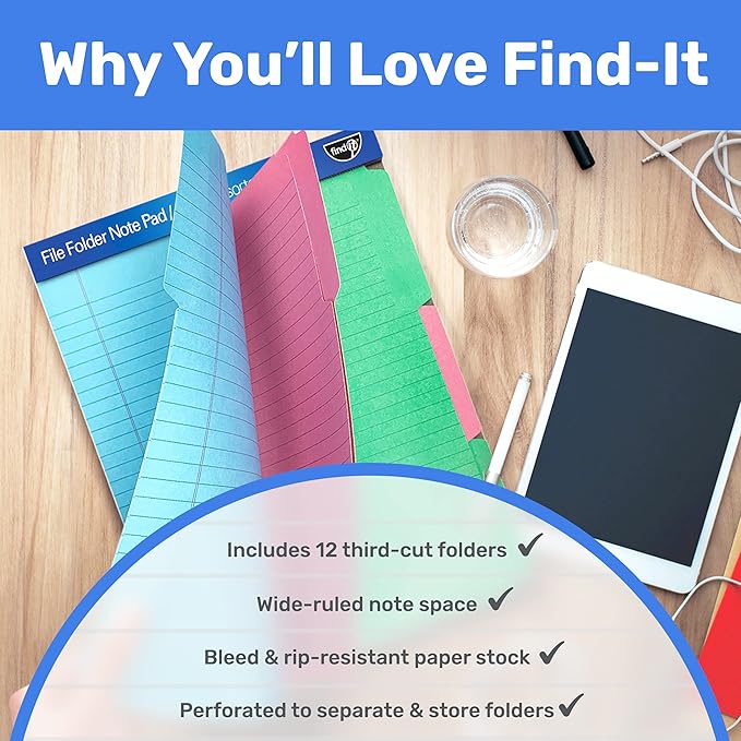 Find It File Folder Notepad - Pack of 12-9.5 x 12.5 Inch Notebook Organizer Folders for Filing, Document, and Clipboard Organization - Assorted Colors