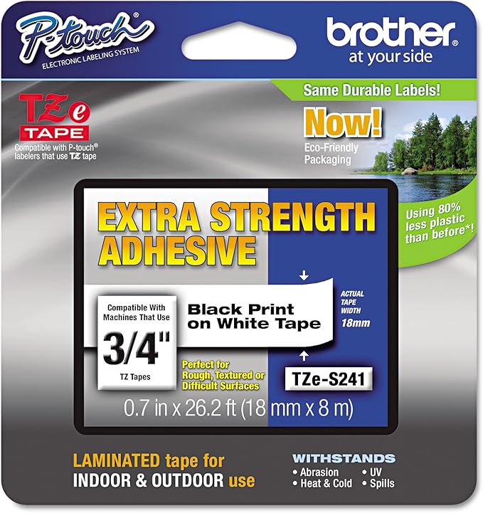Brother TZES241 TZe Extra-Strength Adhesive Laminated Labeling Tape, 3/4-Inch w, Black on White