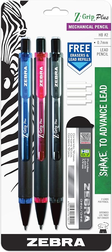 Zebra Pen Z-Grip Plus Mechanical Pencil, 0.7mm, with Lead and Erasers, Assorted Barrel Colors, Blue, Pink, Black, 3-Pack