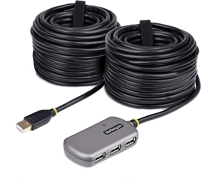 StarTech.com USB Extender Hub, 24m USB 2.0 Extension Cable with 4-Port USB-A Hub, Active/Bus Powered USB Repeater Cable, Optional 10W Power Supply Incl., Level 4 ESD Protection, TAA