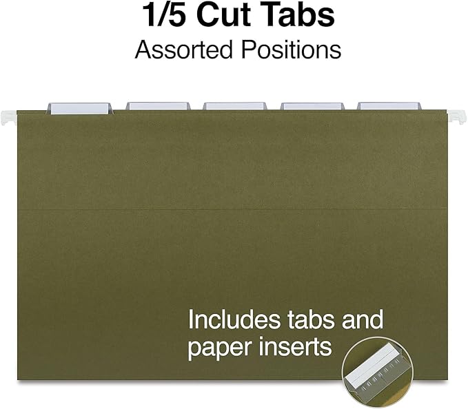 Staples Hanging File Folders, Legal Size, 5‑Tab, Standard Green, Durable Construction – 100/Carton