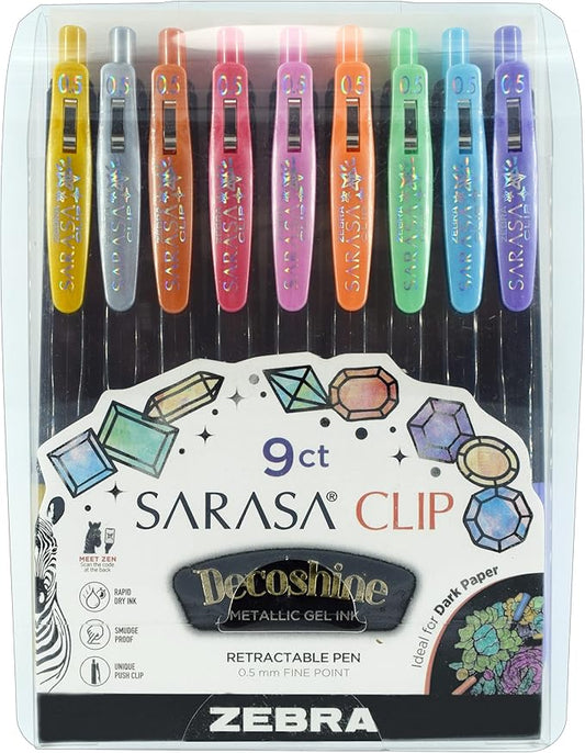 Zebra Pen Sarasa Clip Decoshine Retractable Gel Pen, 0.5mm Fine Point, Assorted Metallic Colors, Works Well on Dark Paper, Ideal for Journal, Note Taking and Planner Use, 9-Pack (49009)