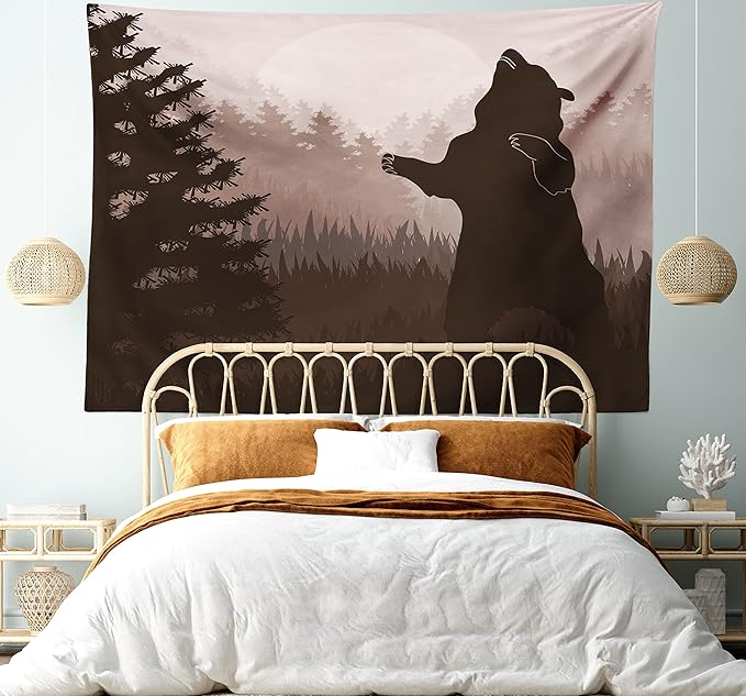 Ambesonne Nature Tapestry, Silhouette of Wild Bear in the Jungle Woodland at Dark Night Illustration, Fabric Wall Hanging Decor for Bedroom Living Room Dorm, 45" X 30", Army Green Pale Peach