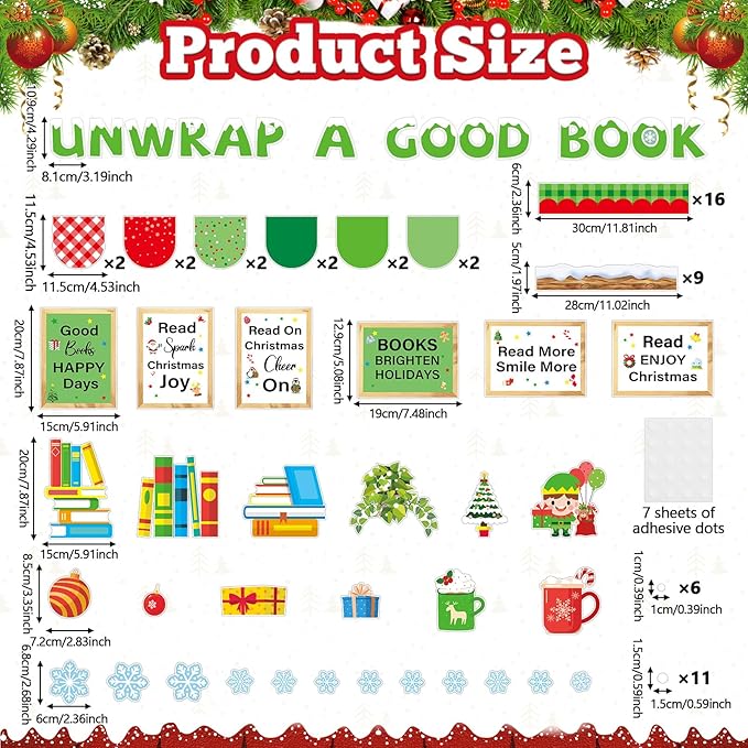 Christmas Bookshelf Bulletin Board Set Unwrap A Good Book Motivational Classroom Decor Reading Library Positive Paper Cutouts Red Green Bulletin Board Border for School Holiday Party Decor Supplies