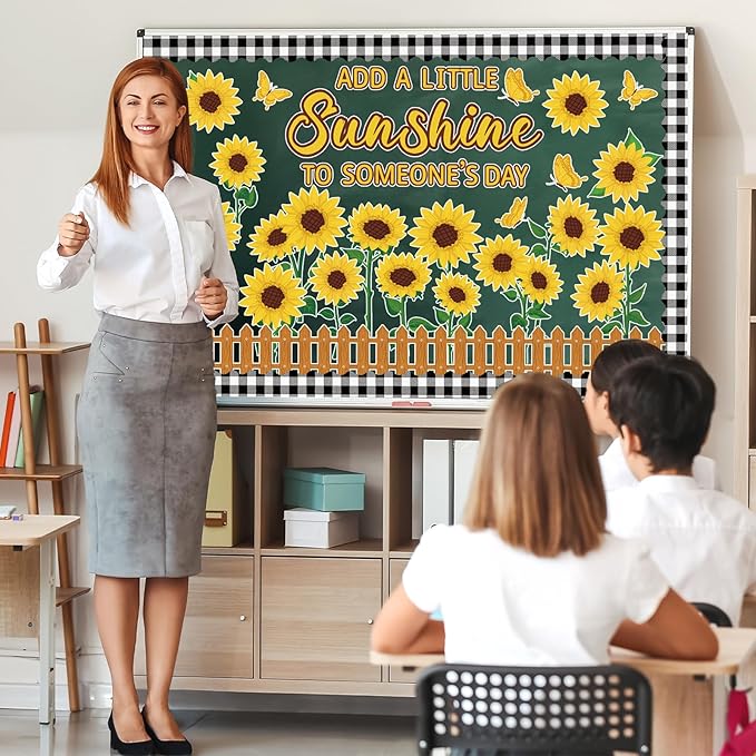 Sunflower Bulletin Board Decoration Fall Cutout Set with Butterflies Fences Bulletin Cardboard Thanksgiving Motivational Sayings Cutouts for Classroom Window Wall Door Home Office Nursery School Decor