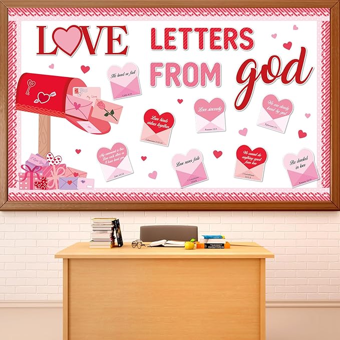 Valentine's Day Christian Bulletin Board Set Valentine's Day Religious Jesus Bible Verse Classroom Decorations Love Letters from God Paper Cutouts for Church School Home Chalkboard Wall Door Decor