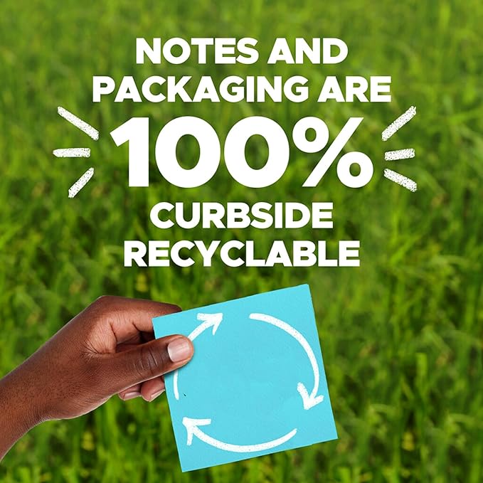 Post-it 100% Recycled Paper Super Sticky Notes, Lined, 4 in. x 4 in., 3 Pads, 70 Sheets per Pad, Oasis Collection, New Year Organization or Second Semester School Supplies