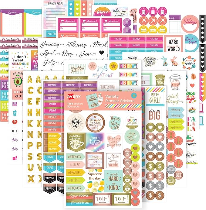 Avery Planner Stickers Variety Pack, 30 Sheets, 1,656 Productivity Stickers for Your Planner, Journal or Calendar (6785)