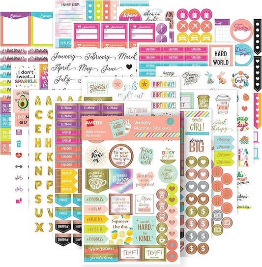 Avery Planner Stickers Variety Pack, 30 Sheets, 1,656 Productivity Stickers for Your Planner, Journal or Calendar (6785)