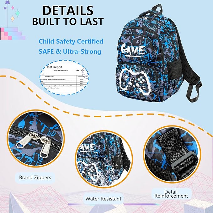 Boys Backpack with Lunch Box Glow in Dark Gamer Bookbag Kids Ages 4-12 Kindergarten Elementary Middle School Gaming Backpack, Gamer Blue