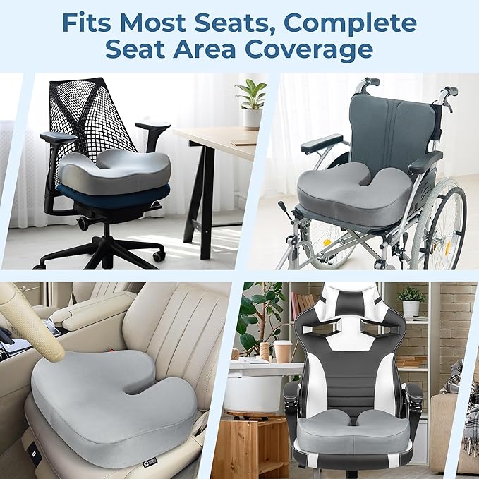 5 STARS UNITED Seat Cushion for Tailbone Pain Relief – Large Memory Foam Cushion for Coccyx, Hip, Sciatica & Post-Surgery Recovery – Wheelchair, Car, Desk, Gaming & Office Chairs, Light Gray, XX-Large