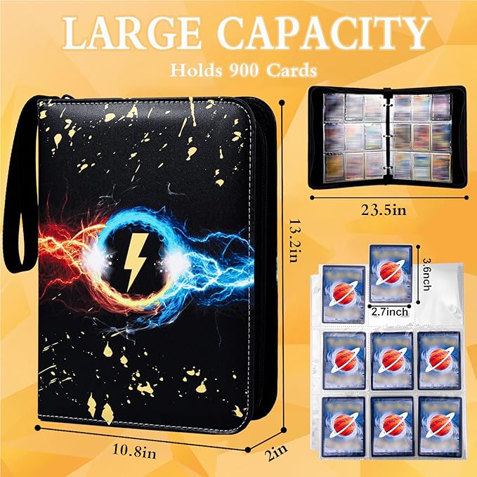 9 Pocket Trading Card Binder,900 Pockets Trading Card Collection Book with Sleevese,3-ring Zipper Sports Card Album with 50 Removable Double-Sided Card Holder (Black)