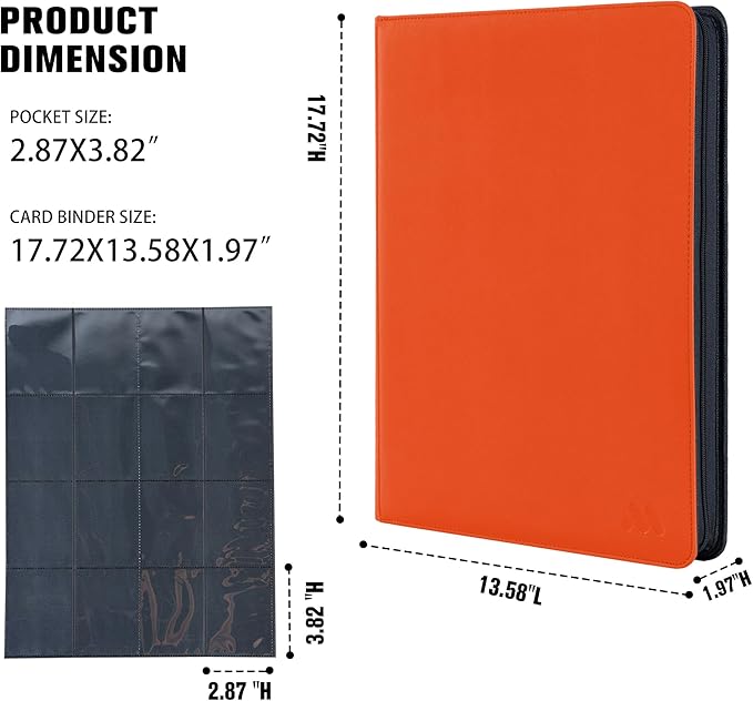 Card Binder 16 Pocket,Trading Card Binder Holds up to 1408 Cards with 44 Sleeves,Zipper Card Holder Album Compatible with TCG Card/Game Cards/Sports Card-Orange
