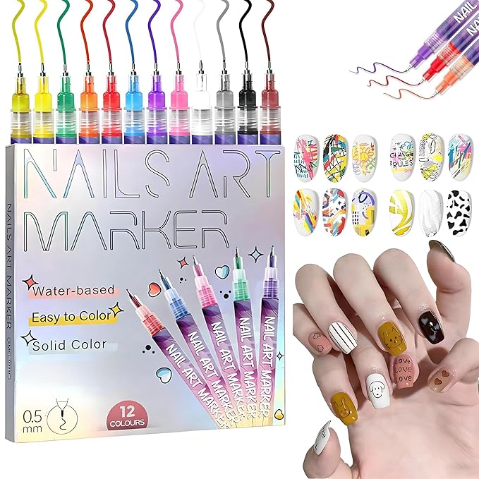 12 Colors Nails Art Pens Set,Nails Art Markers for Gel Nails,Fine Tip Nails Art Pen 0.5mm,Drawing Painting Liner Brush for DIY Nails Art Drawing Painting Tools (A-1 Set)