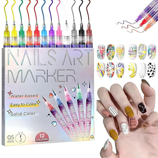 12 Colors Nails Art Pens Set,0.55mm Ultra Fine Tip,Upgraded Gel Nail Markers for 3D Designs,DIY Nail Painting Detail Drawing Tools(A-1 Set)