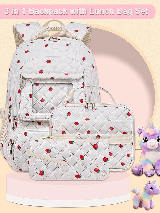 Beige Strawberry Backpack with Lunch Box for Girls Teens Kids for Age 6-8 8-10 10-12 Kawaii School Bag for Middle High School Primary Elementary Bookbag Mochila Para Niñas