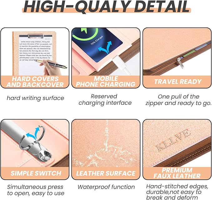 Leather Padfolio Portfolio with Clipboard Storage, Removable 3 Ring Binder 1 Inch Zipper Binder, Document Organizer for Women Men with Notepad, 5 Pocket Dividers, Pen Holder, Rose Gold