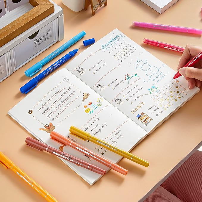 12 Colored Curve Highlighter Pen Set, 10 Different Shapes Dual Tip Markers Cool Pens for Journal Planner Scrapbook Art Office School Supplies for Kids Adults Journaling Drawing Note Taking