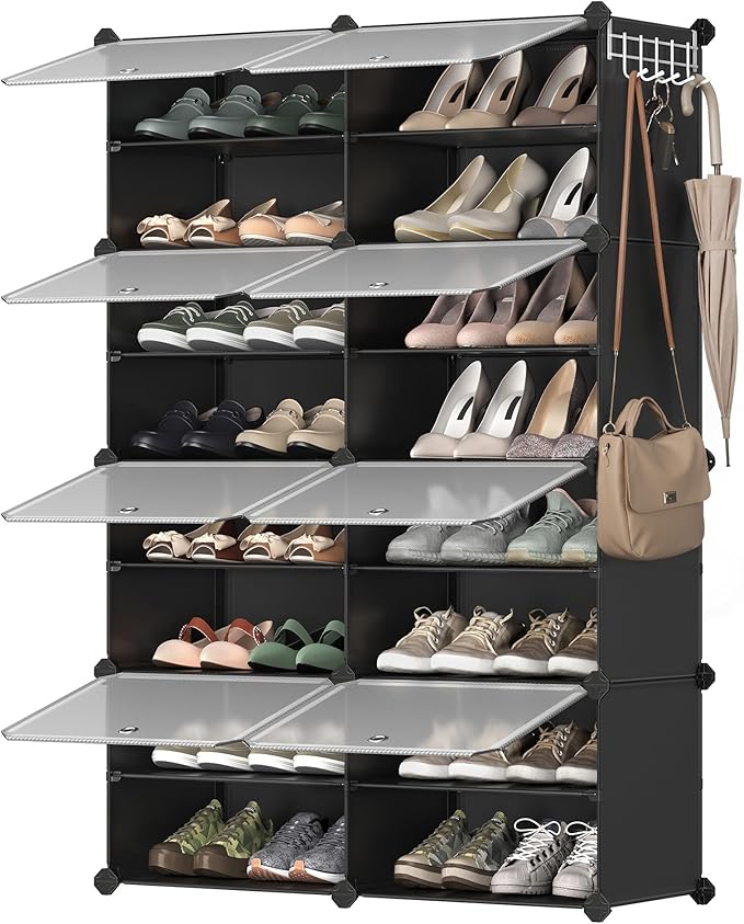SONGMICS Shoe Rack Organizer, 8-Tier Shoe Storage Cabinet for Closet and Entryway, Holds 32 Pairs of Shoes, Adjustable, Ink Black and Trasparent ULPC034B01