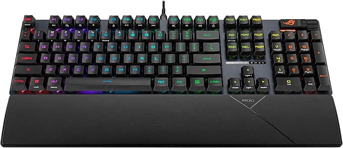 ASUS ROG Strix Scope II Gaming Keyboard, pre-lubed ROG RX Red Linear Optical switches, Sound-dampening Foam, PBT doubleshot keycaps, Streaming hotkeys, Multi-Function Controls, Wrist Rest