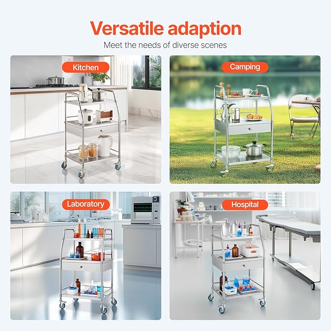VEVOR Service Cart, 3 Layers Stainless Steel Utility Rolling Cart with Drawer, Lockable Wheels, Ideal for Laboratory, Hospital, Dental Use