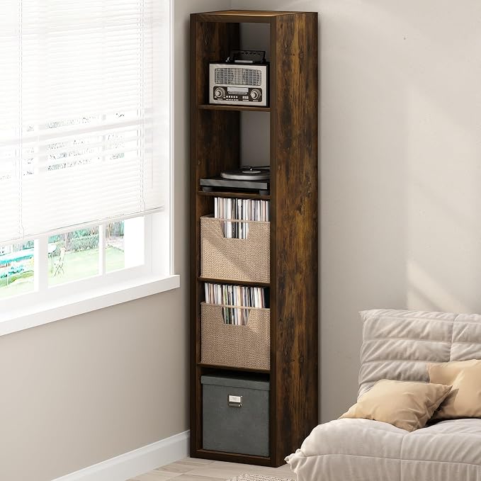 Furinno Cubicle Record Player Stand with Vinyl Storage, 5-Cube 1.2 Extra Thick Vinyl Record Storage, Open Back Media Shelf for CD DVD Blueray Game Disc, for Living Room, Home Office, Amber Pine