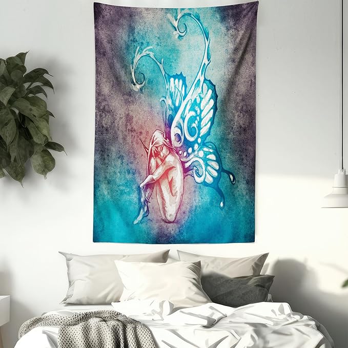 Ambesonne Butterfly Tapestry Twin Size, with Butterfly Wings Renewal Female Rebirth Psyche Lightness of Being, Wall Hanging Bedspread Bed Cover Wall Decor, 68" X 88", Blue Purple