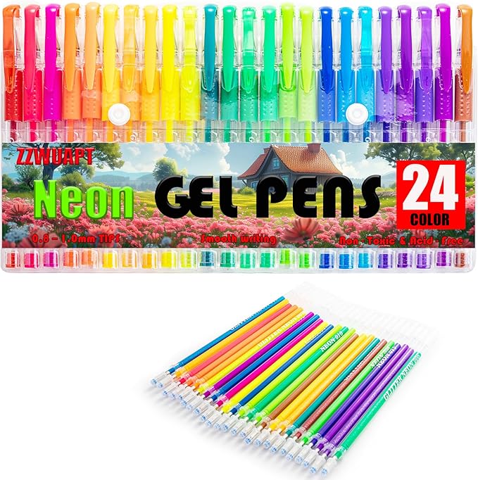 Neon Gel Pens,72 Color Gel Pens Set including 24 Color Gel Pen with 48 Refills,40% More Ink Colored Gel Pens for Drawing, Doodling, Scrapbook, Journaling