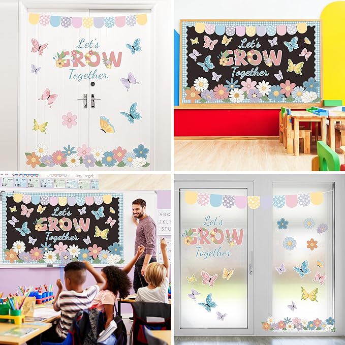Spring Bulletin Board Set Spring Classroom Decorations Let’s Grow Together Inspirational Bulletin Board Flower Cutouts for Home School Office Chalkboard Whiteboard Wall Window Door Decor Supplies