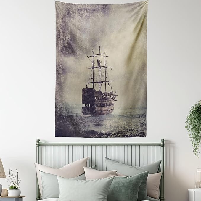 Ambesonne Nautical Tapestry Queen Size, Old Pirate Ship in the Sea Historical Cruise Retro Voyage Grunge Style Art, Wall Hanging Bedspread Bed Cover Wall Decor, 88" X 88", Tan Plum