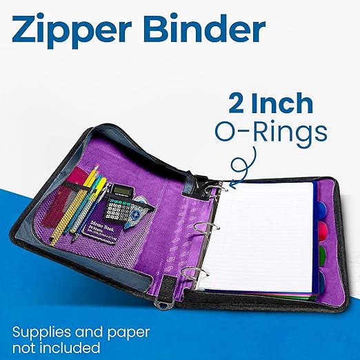 Case-it Classic Zipper Binder | 2-Inch O-Rings, 350 Sheet Capacity, Multiple Storage Pockets & Shoulder Strap | School & Office Organizer | D-251 Deep Purple