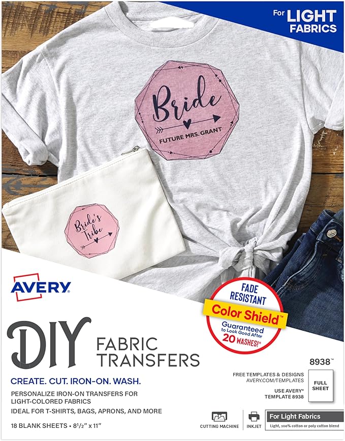 Avery Printable Heat Transfer Paper for Light Fabrics, 8.5" x 11", Inkjet Printer Compatible, 162 Sheets of Iron On Transfer Paper Total (9-Pack of 8938)