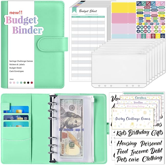 Sooez Budget Binder with Money Saving Challenge, Money Saving Binder with Cash Envelopes, Expense Sheets, Challenge Tracker & Category Labels, Envelope Savings Challenges Book for Home Office School