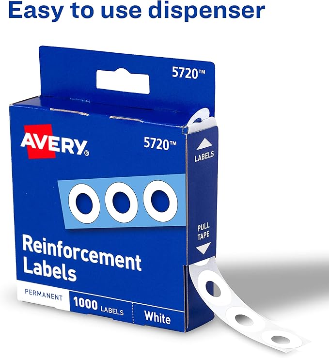 Avery Self-Adhesive Polyvinyl Standard Diameter Hole Reinforcements, White, 1,000 per Pack (5720)