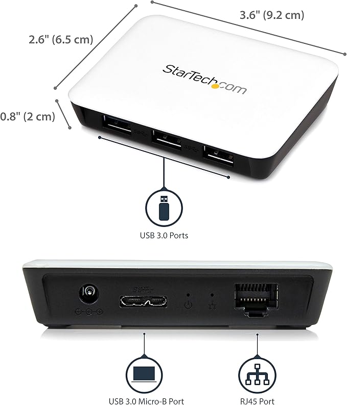 StarTech.com USB 3.0 to Gigabit Ethernet NIC Network Adapter with 3 Port Hub - White - USB 3 Ethernet Adapter - USB Charging Hub (ST3300U3S)