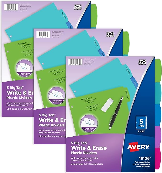 Avery Write & Erase 5 Tabs Pastel Plastic Divider for 3 Ring Binders, 3 Sets (5 Colors)