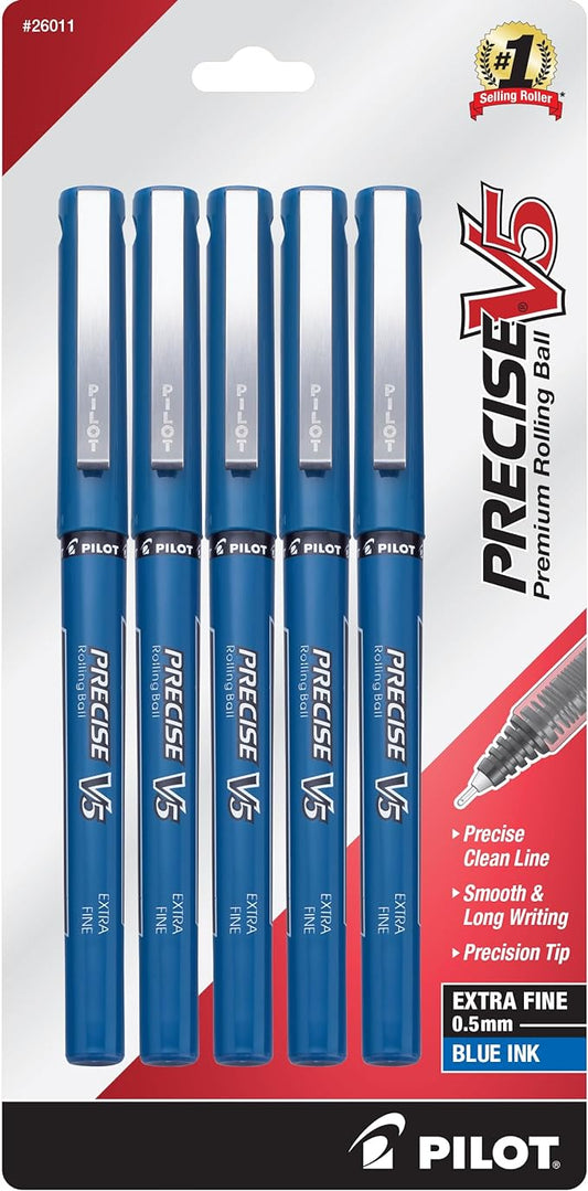 Pilot Precise V5 Rollerball Pens, Extra Fine Point 0.5 mm Blue Pens, Blue, Pack of 5 - Ideal for School, Journaling & Office Writing