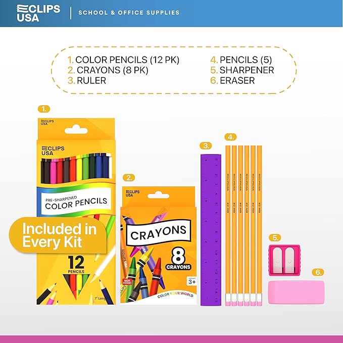 Back to School Supplies Kit for kids, School Supplies Set, school Supply Kit, Colored Pencils For Kids, Color Pencil Set, Crayons Bulk for Classroom, Wooden Pencil #2 (3)