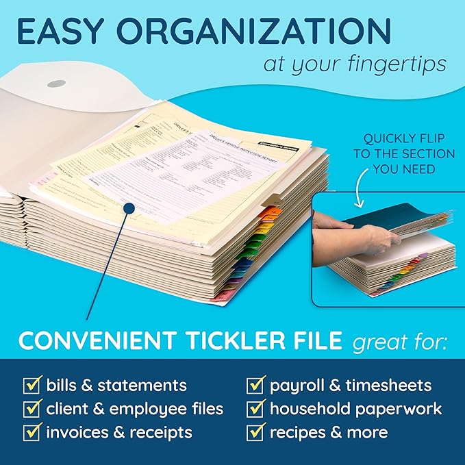 Blue Summit Expanding 1-31 Desk File Sorter, 31 Day Accordion File Organizer, Letter Size Document Sorter and Tickler Folder, Blue