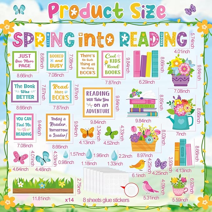 Qilery Spring Bulletin Board Set Reading Classroom Decorations, Spring Into Reading Cutouts for Teachers, Motivational Library Wall Door Decor, Seasonal Book Corner Supplies for Elementary School