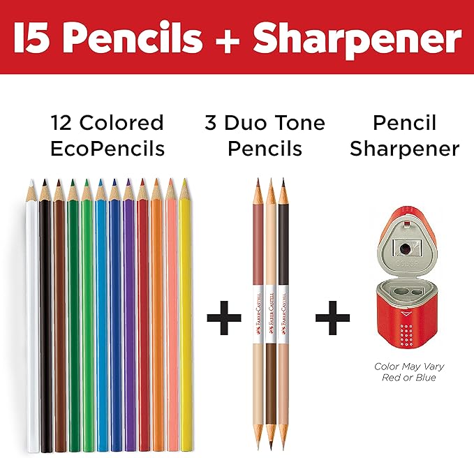 Faber-Castell World Colors Ecopencils - 15 Colored Pencils & Grip Trio Pencil Sharpener (Sharpener Color May Vary)