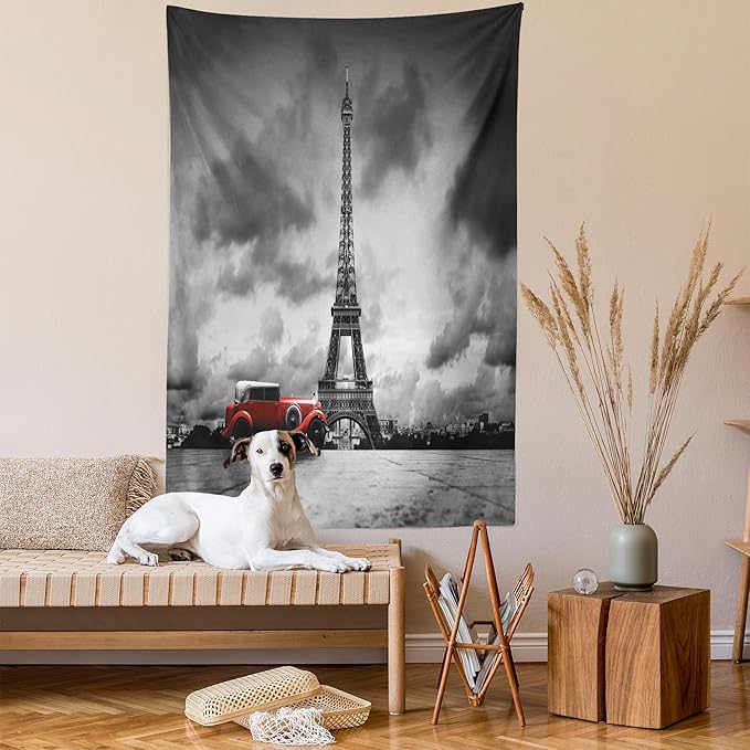 Ambesonne Eiffel Tower Tapestry Twin Size, Image of Eiffel Tower Paris France Vintage Car Street Dark Clouds, Wall Hanging Bedspread Bed Cover Wall Decor, 68" X 88", Black Red