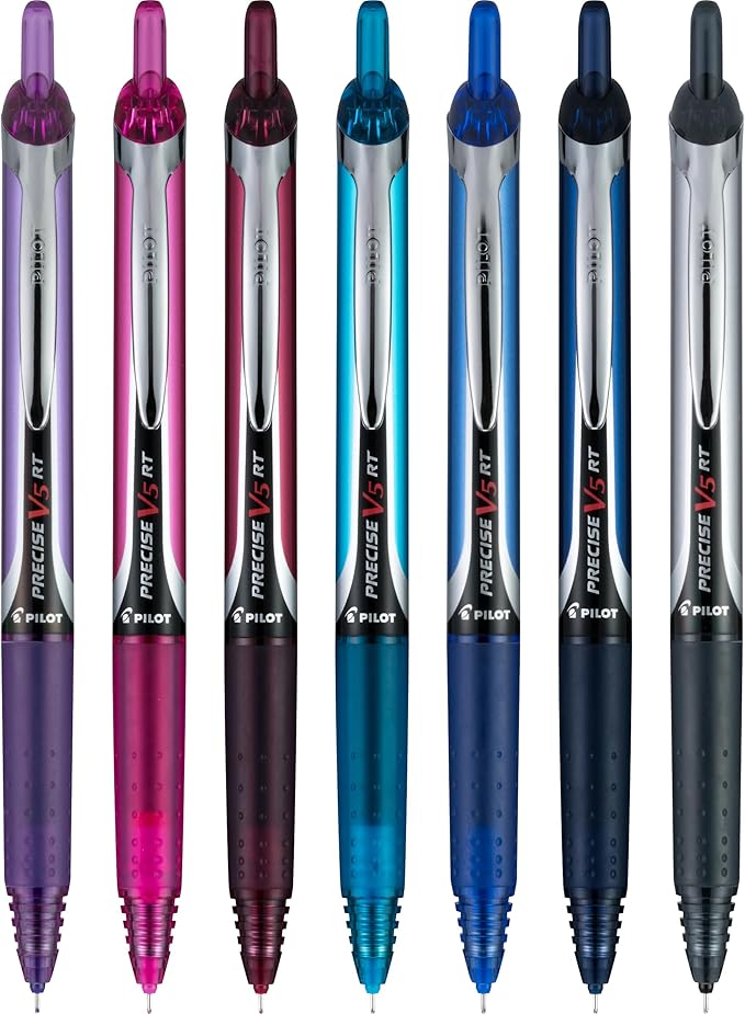 Pilot Precise V5 RT Refillable & Retractable Rolling Ball Pens, Extra Fine Point Pens, 0.5 mm, Assorted, Pack of 7 - Ideal for School, Journaling & Office Writing