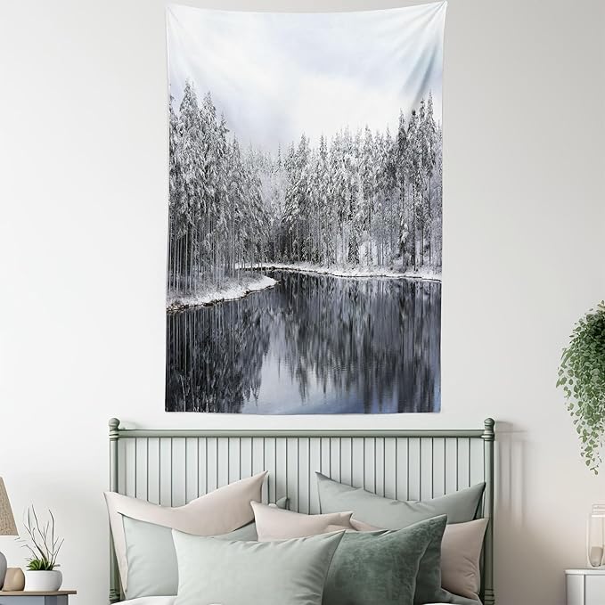 Ambesonne Woodland Tapestry Twin Size, Lake Surrounded by Snow Covered Trees on a Cold Winter Day in Finland Reflections, Wall Hanging Bedspread Bed Cover Wall Decor, 68" X 88", White Brown