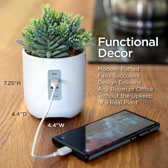 iHome PowerPlant Charging Station, Faux Succulent with USB Charging Station for iPhone, Android, and More – White (iPP45)