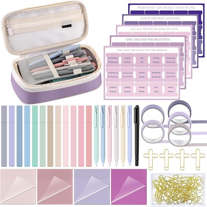 137 Pcs Bible Study Supplies Journaling Kit 1 Pencil Case 12 Highlighters 4 Sticky Notes 6 Gel Pens 35 Paper Clips 3 Tapes 1 Markers 75 Tabs for Christmas Bible School Gifts(Pink Purple)