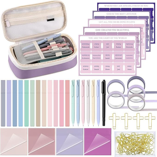 137 Pcs Bible Study Supplies Journaling Kit 1 Pencil Case 12 Highlighters 4 Sticky Notes 6 Gel Pens 35 Paper Clips 3 Tapes 1 Markers 75 Tabs for Christmas Bible School Gifts(Pink Purple)