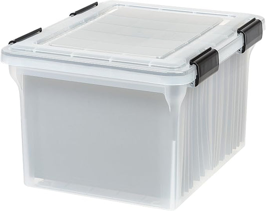 IRIS USA File Box WeatherPro File Organizer Plastic File Box for Letter/Legal File, Water Resistant Document Box, Durable Lid, Seal w/Secure Latching Buckles, Stackable, Nestable, Clear 32 Qt. 1 Pack