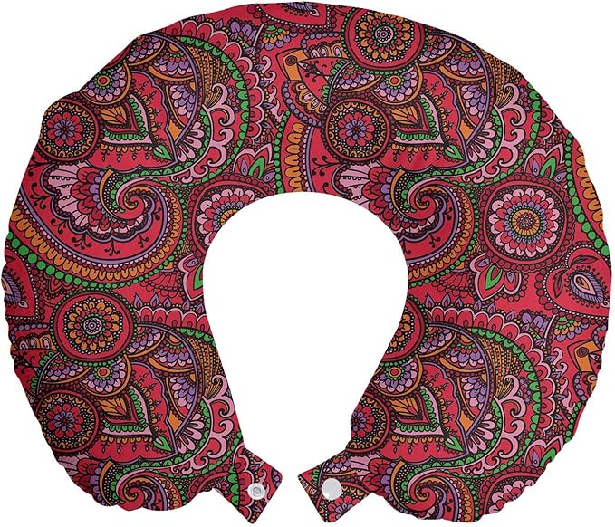 Ambesonne Asian Travel Pillow Neck Rest, Pattern Based on Traditional Vintage Twists Lines Spirals, Memory Foam Traveling Accessory for Airplane and Car, 12", Dark Coral Orange Green